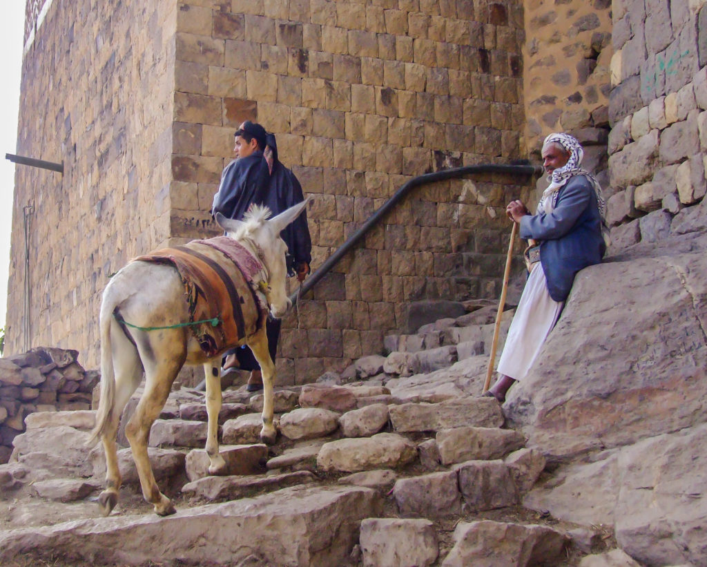 Männer mit Esel in Al Hajjarah Männer mit Esel in Al Hajjarah